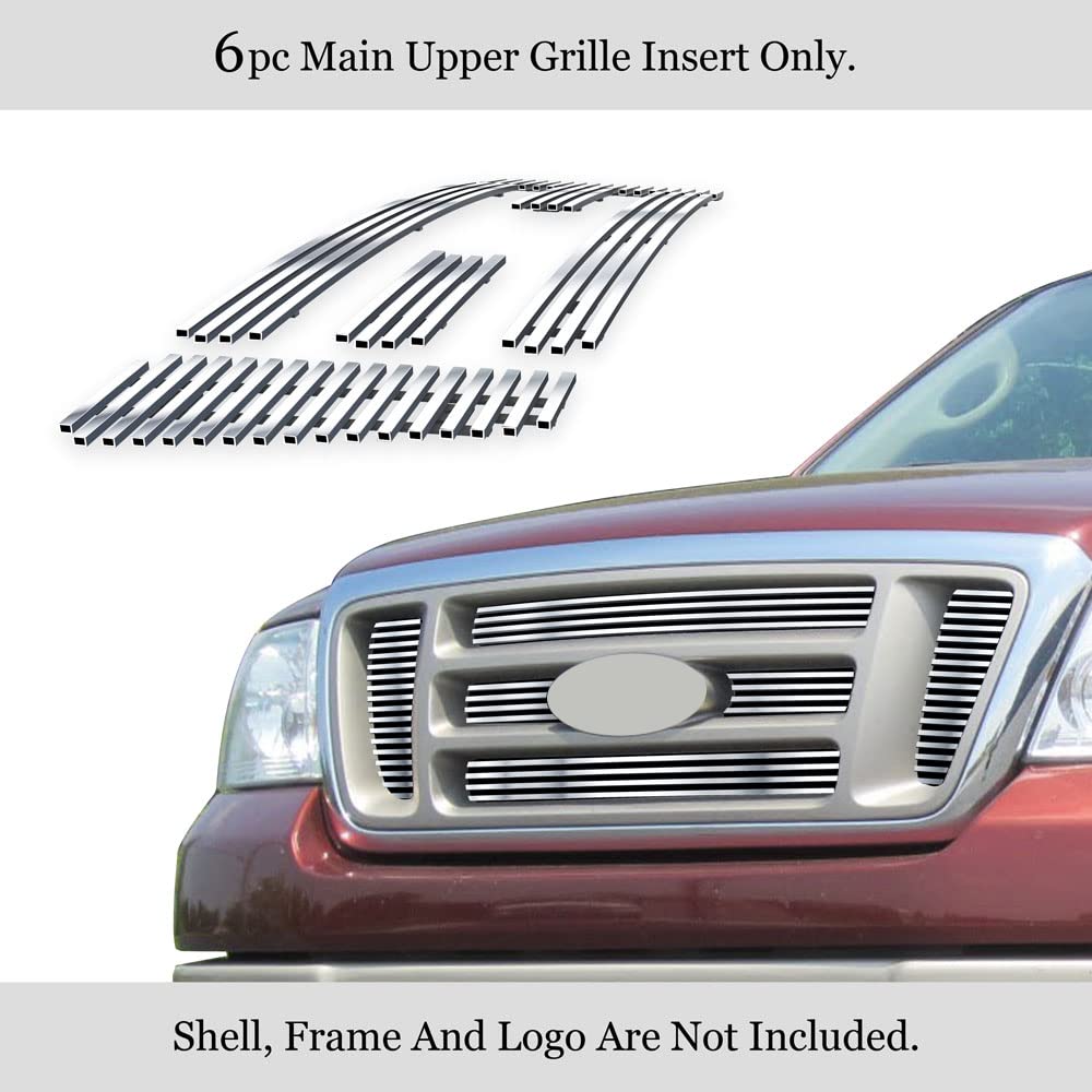 APS Premium 304 Stainless Steel Chrome Horizontal Billet Grille Grill Insert Compatible With Ford F-150 2004 2005 2006 2007 2008 Bar Style Main Upper N19-S62756F