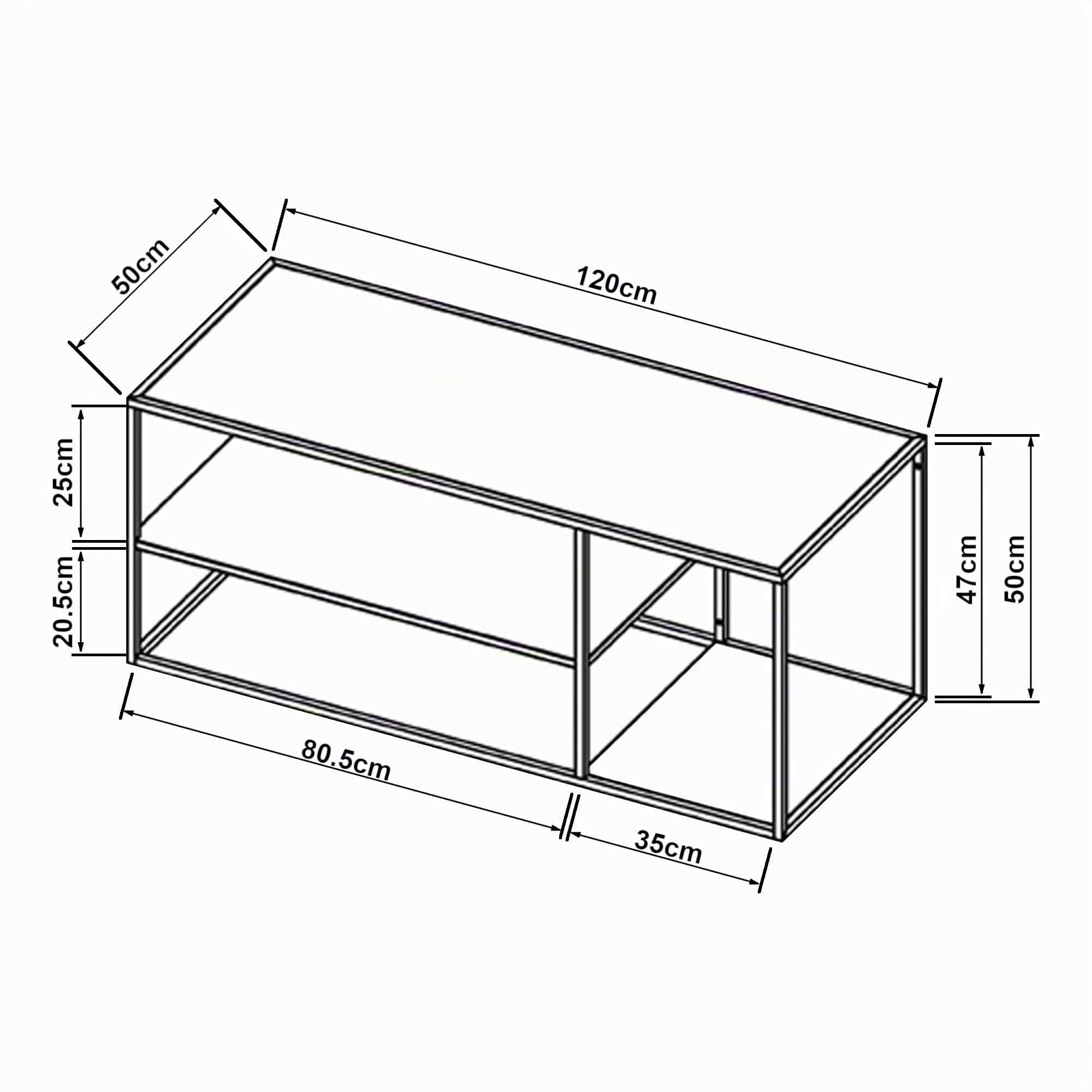[en.casa] Tavolino Basso da Soggiorno 120 x 50 x 50 cm Tavolino Rettangolare in Accaio a 3 Piani di Appoggio Tavolino da caffè - Nero Opaco
