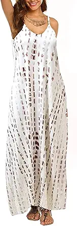 Supnier Women's Summer Casual Floral Printed Bohemian Spaghetti Strap Floral Long Maxi Dress with Pockets