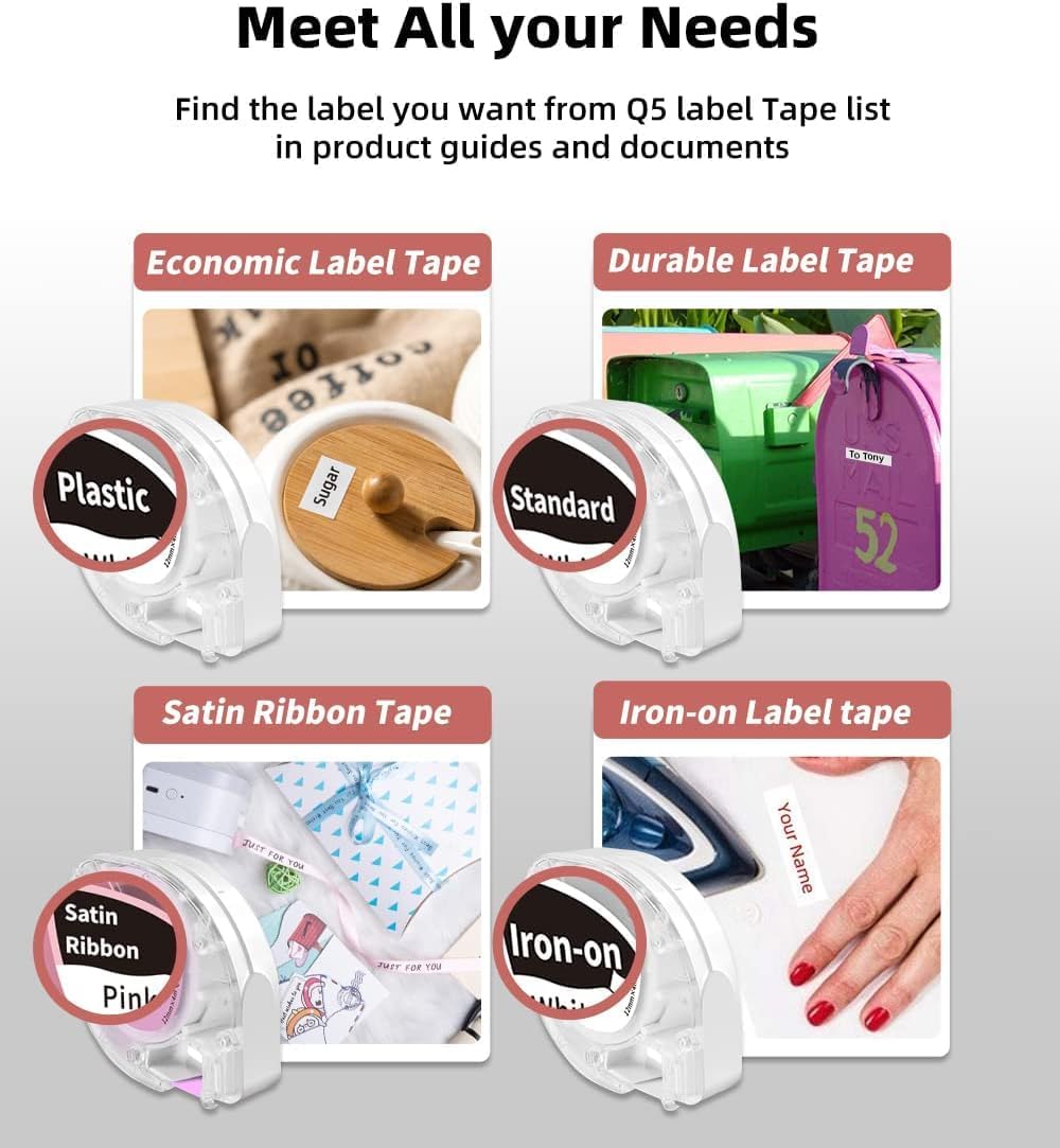 Four different types of label tapes: Plastic, Standard, Satin Ribbon, and Iron-on, demonstrating the variety available for the P12 PRO.