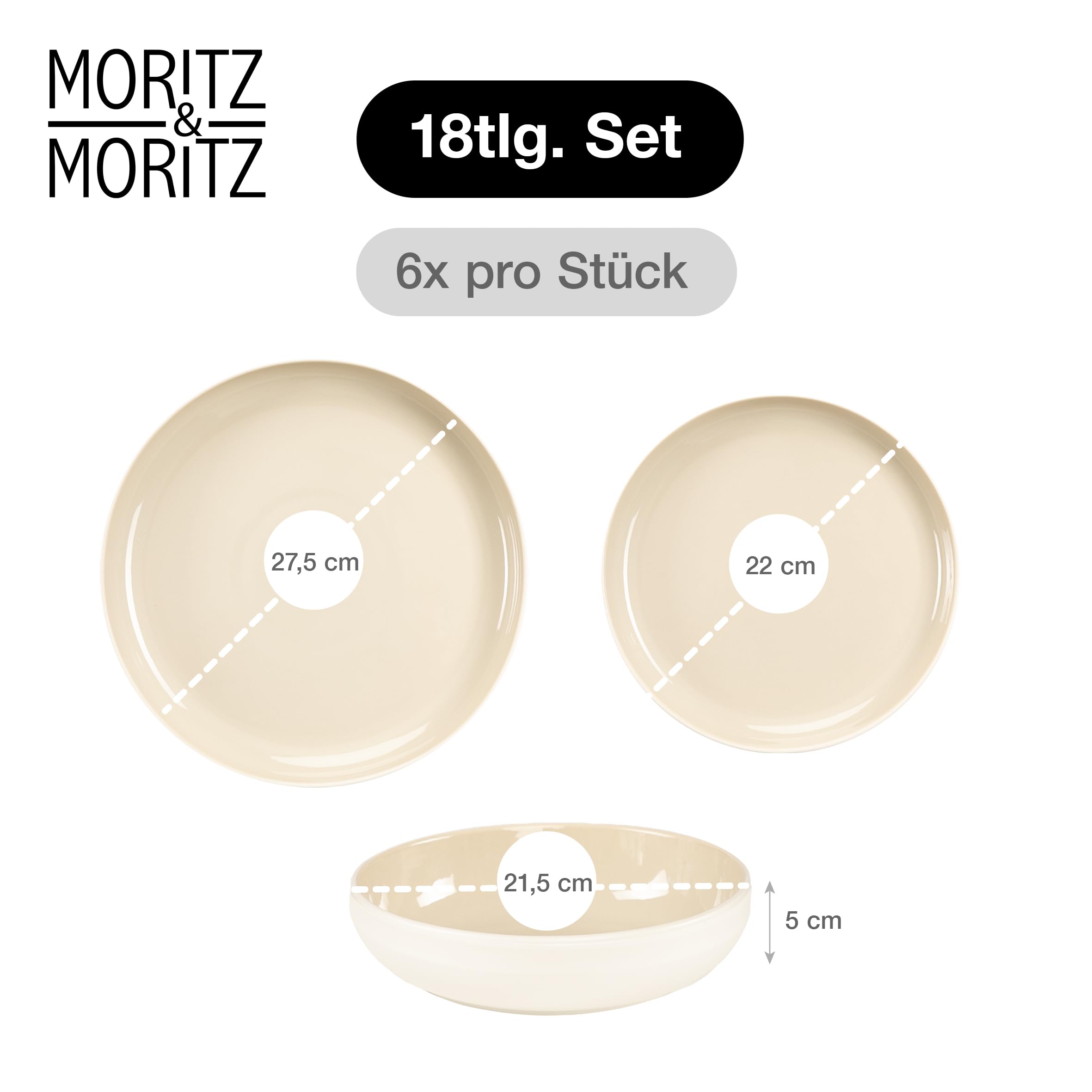 Moritz & Moritz CAVO Steingut Geschirrset 6 Personen 18-tlg. - Modernes Tafelservice in der Farbe Sand - Pflegeleichtes Kombiservice mit Teller Set & Schüsseln - Kaffeeservice