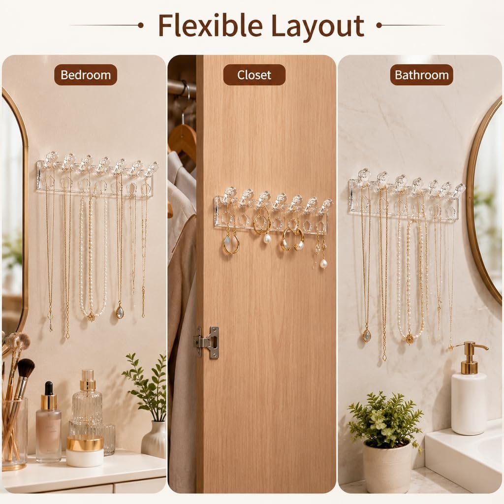 Wall Mounted Jewelry Organizer, 3-Pack 24 Hooks Clear Plastic Necklace Holder, No-Drill Adhesive Rack for Earrings, Bracelets, Rings, Studs, Closet Bathroom Bedroom Mirror