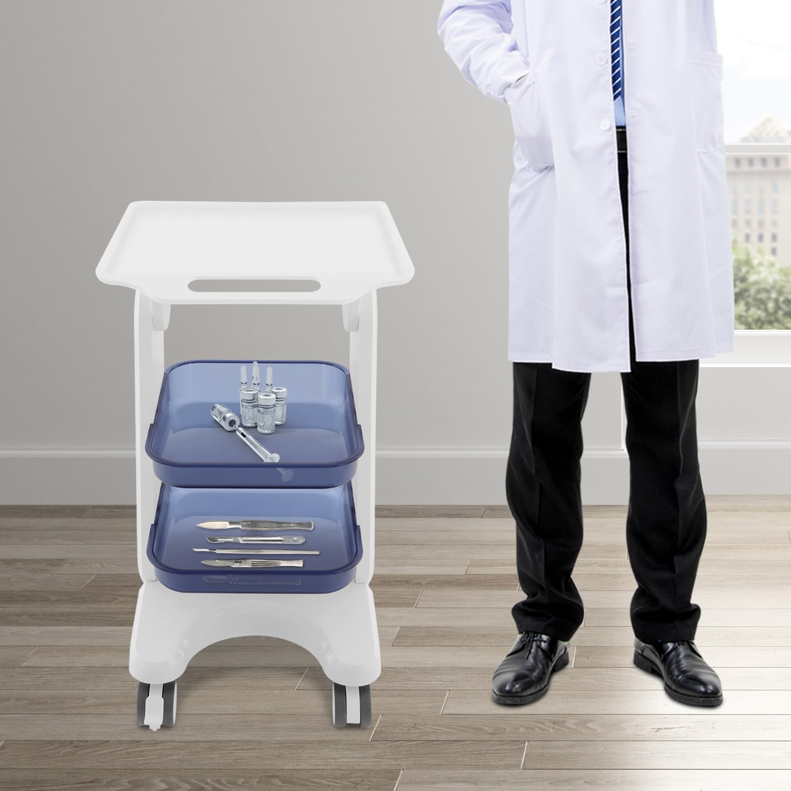 Chariot de laboratoire à 3 étages avec 2 palettes - Chariot de coiffure avec 4 roulettes - Jusqu'à 60 kg - Chariot multifonction pour laboratoire, clinique, hôpital, salon - Blanc
