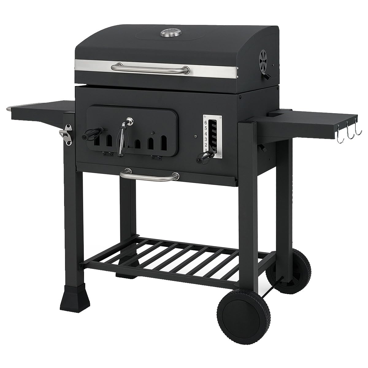 GOPLUS Grill na węgiel drzewny, grill węglowy z kółkami, uchwyty, ruszt do grillowania, blacha do pieczenia i 6-stopniowa regulacja misy na węgiel, wózek z metalu, grill stojący z pokrywką, grill