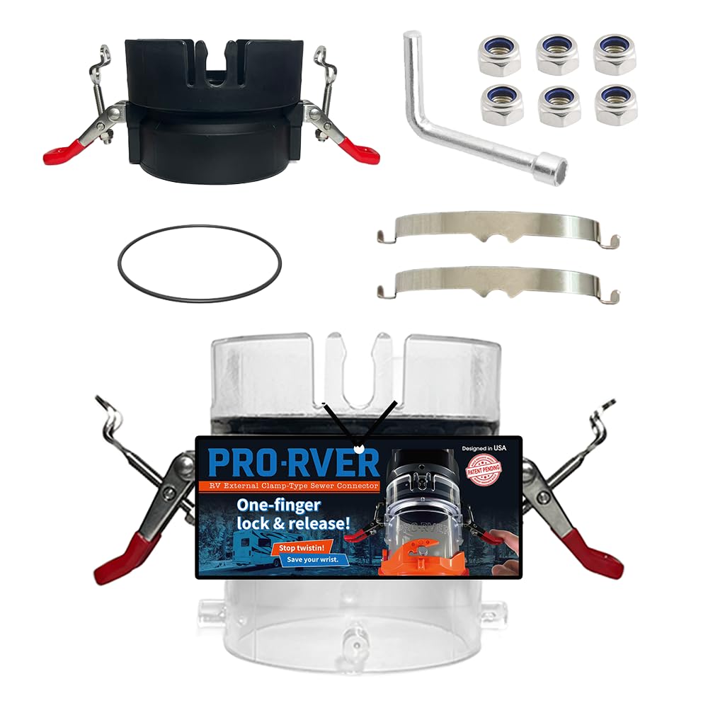 Connettore per tubo fognario RV – Sistema brevettato Push-Lock + morsetto, adattatore in acciaio inox a prova di perdite, installazione una tantum, raccordo rapido per tubo di scarico RV