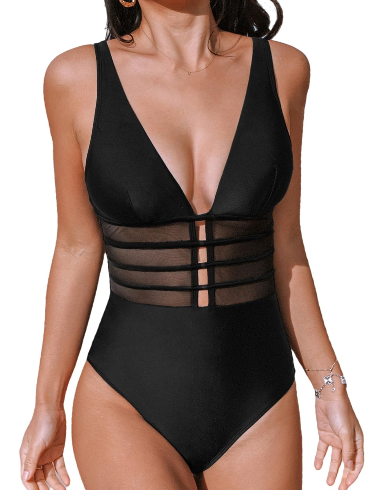 CUPSHE Womens One Piece Swimsuit Tummy Control Bathing Suit Deep V Neck Cut Out Mesh Adjustable Straps