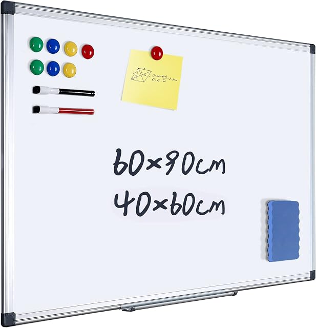 QUEENLINK Magnetic Whiteboard Dry Erase, Aluminium Frame 90x60cm Office School Notice Walls Message White Board