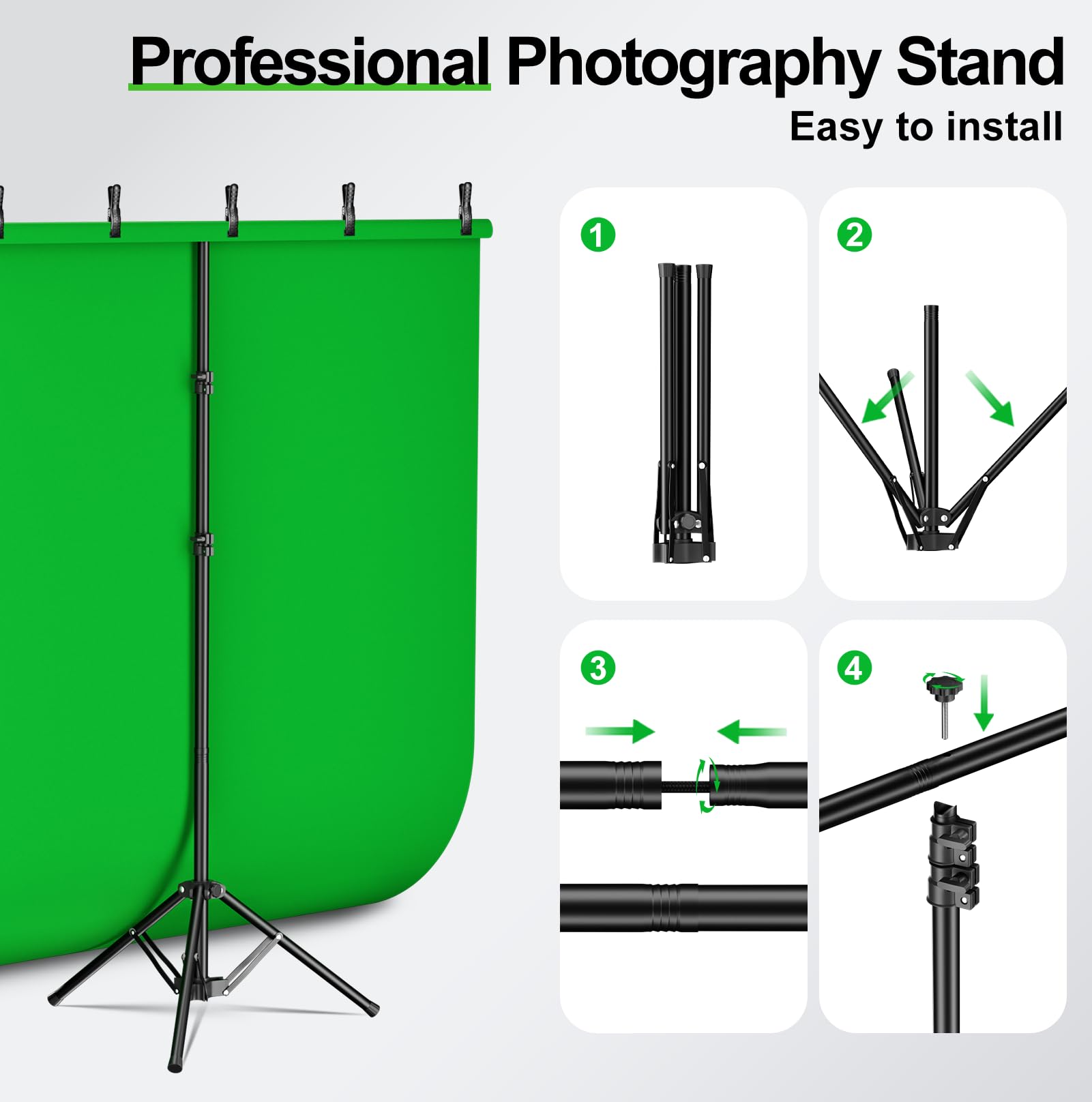 Kit de telón de fondo de pantalla verde, 1,5 x 2 m, fondo de pantalla verde con soporte portátil en forma de T para estudio fotográfico, grabación de video, transmisión, juegos | Juego de soporte de fondo ajustable en forma de T, tecla croma, transmisión,