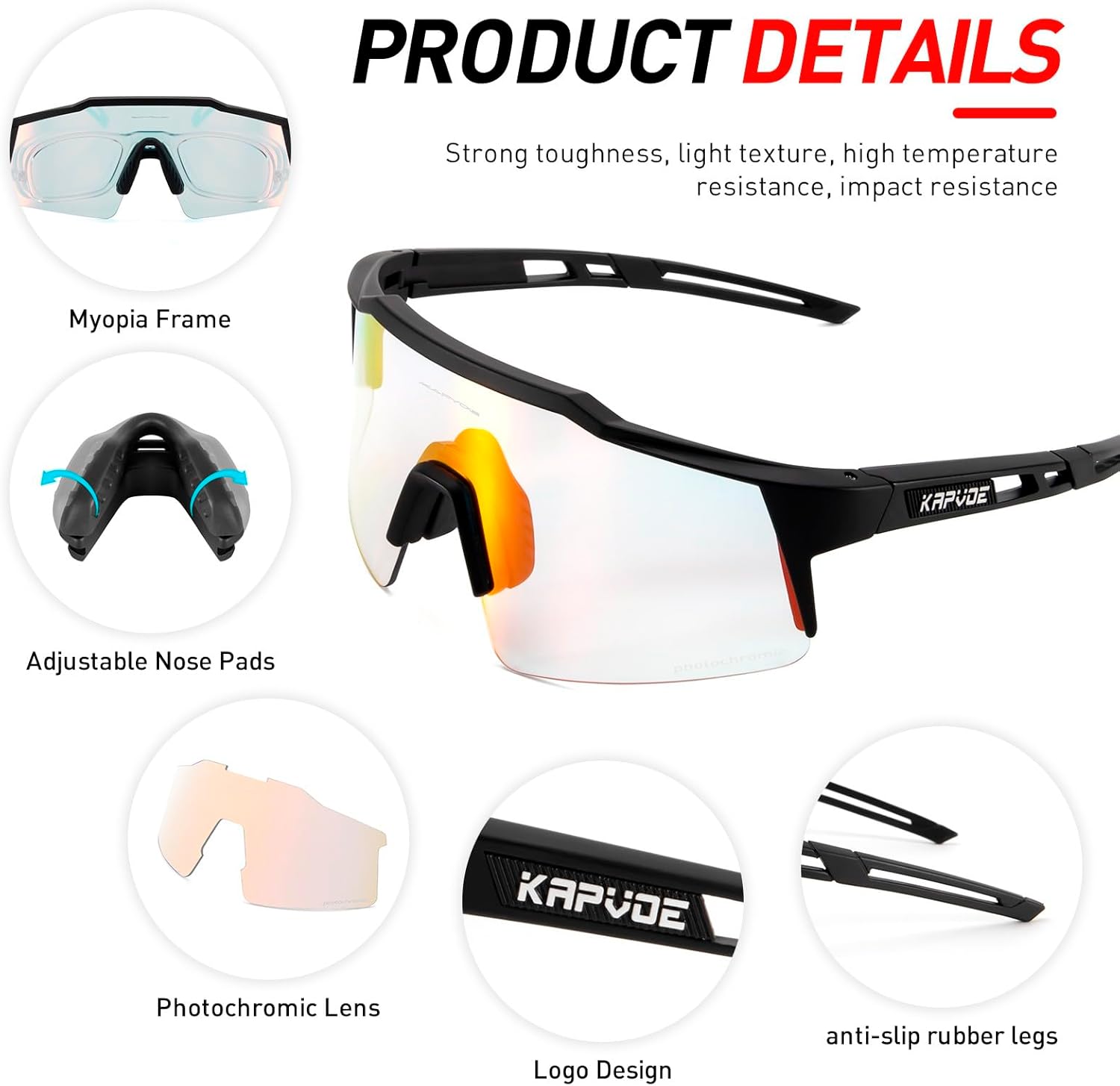 KAPVOE Photochromic Cycling Glasses Men Women Clear Transition Mountain Bike Sunglasses Sports Baseball Running - K9023