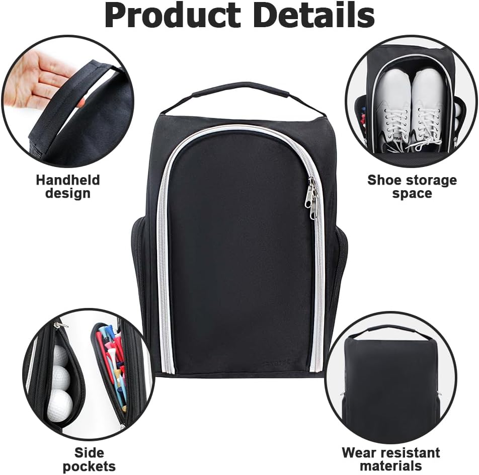 Golf Shoe Bag, Zippered Sport Shoes Bag Travel Shoe Carrier Bag with Clasped Strap Handle& Side Pockets for Sport Golf Baseball Soccer