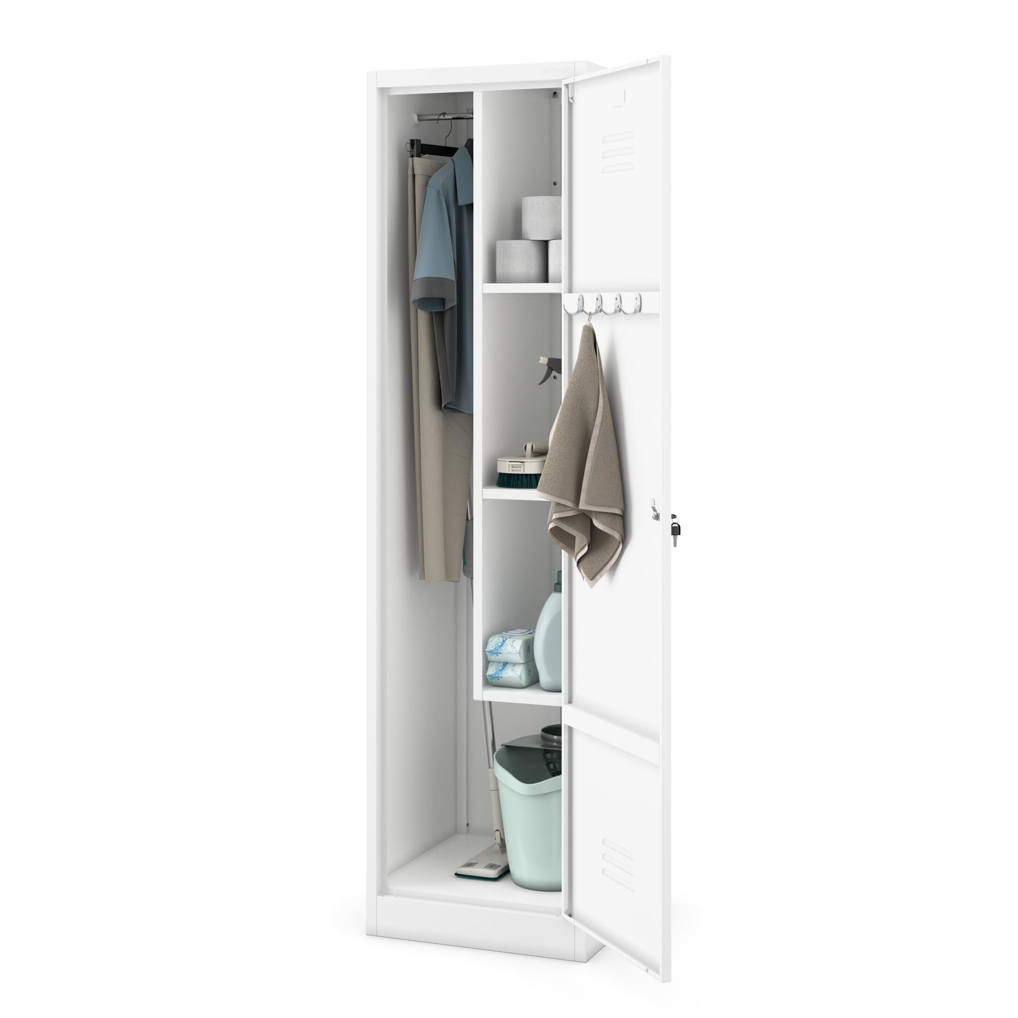 Jan Nowak Besenschrank Haushaltsschrank Metall - Agnes | 50 x 185 x 50 cm | Mehrzweckschrank Weiß mit Regale und Kleiderstange | Schloss, Belüftung | Putzschrank Schmal 50 cm Breit | Weiß
