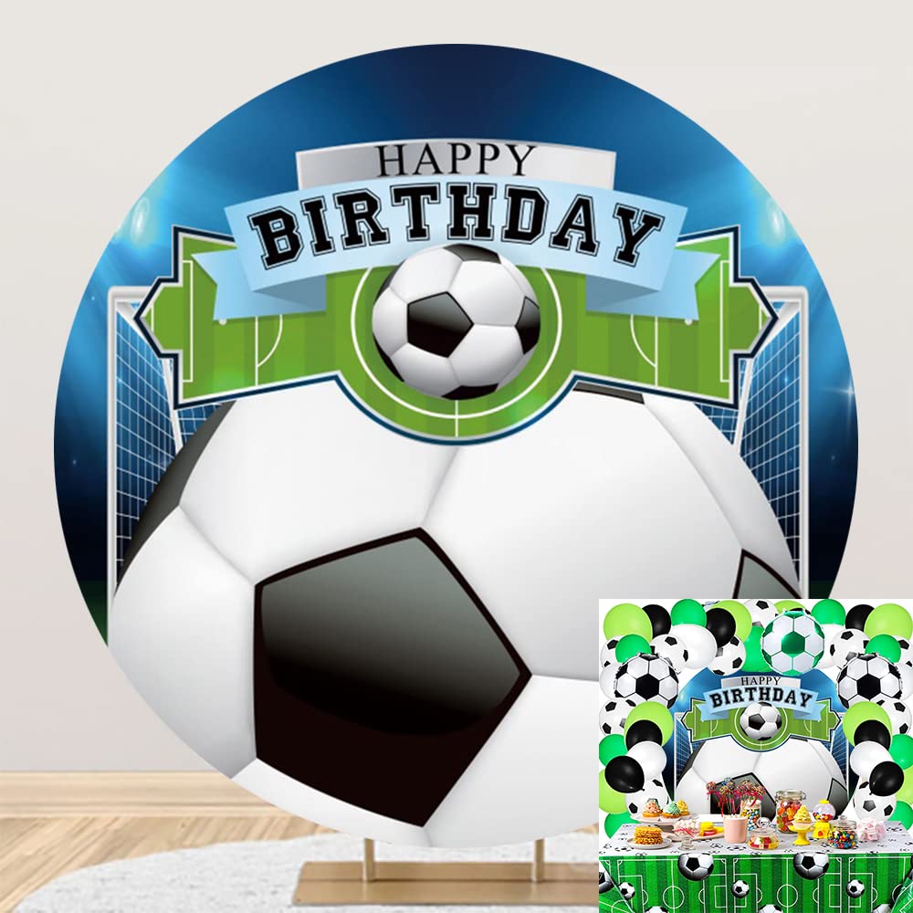 DORCEV 7.2x7.2ft Football Theme Happy Birthday Round Backdrop Cover Polyester Boy Soccer Birthday Sports Party Photography Backdrop Newborn Kids 1st