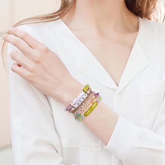 Bohemian Beaded Bracelets for Women Clay Heishi Surfer LUCKY Letter Colorful Crystal Chip Stone Beads Multilayer Stretch Bracelets Acrylic Tube Boho Stackable Bead Bracelets Friendship Jewelry Gifts