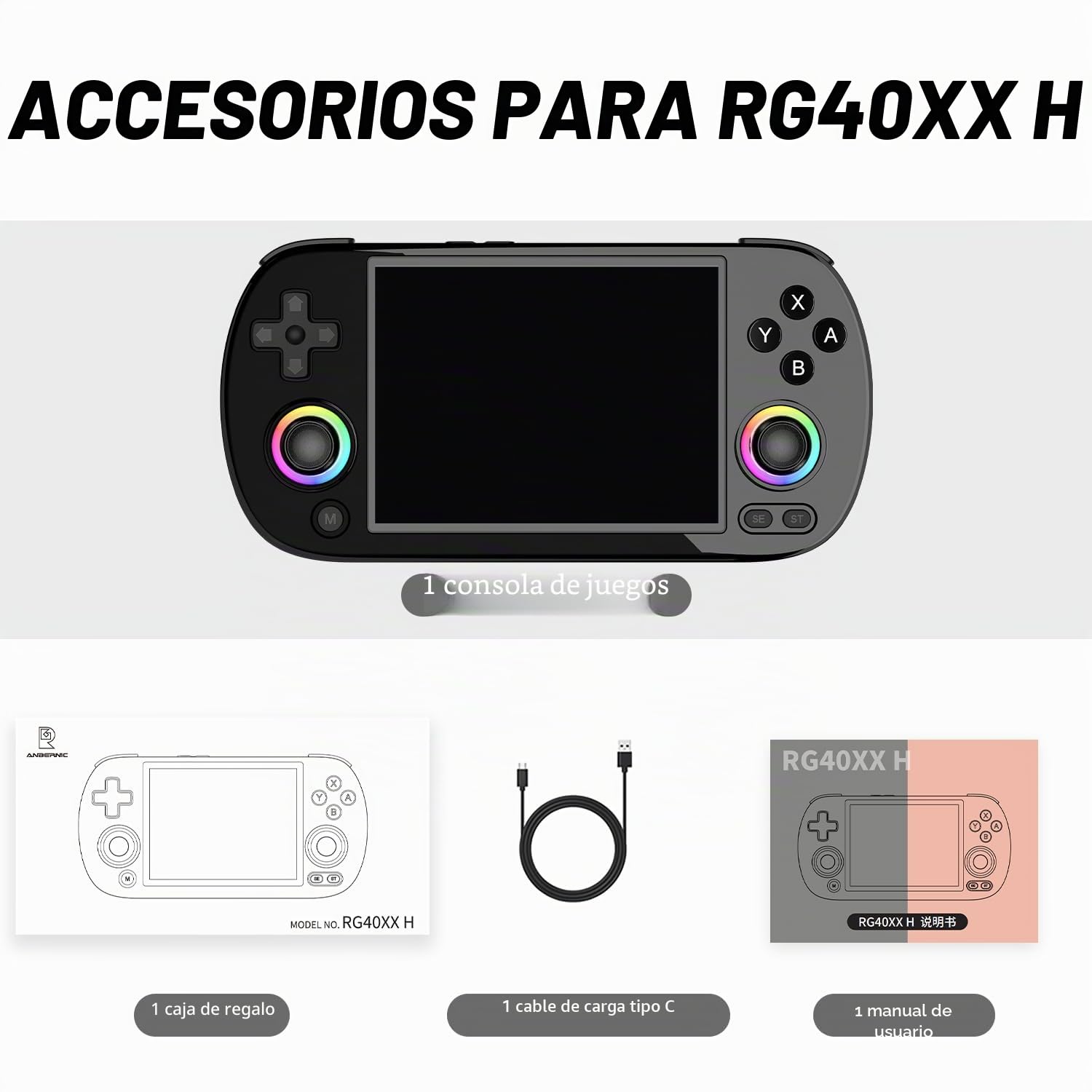 RG40XX H - Consola de juegos de mano, pantalla IPS de 4 pulgadas, sistema Linux, batería de 3200 mAh con iluminación RGB colorida de joystick, tarjeta TF de 64 G integrada y juegos 5528, compatible