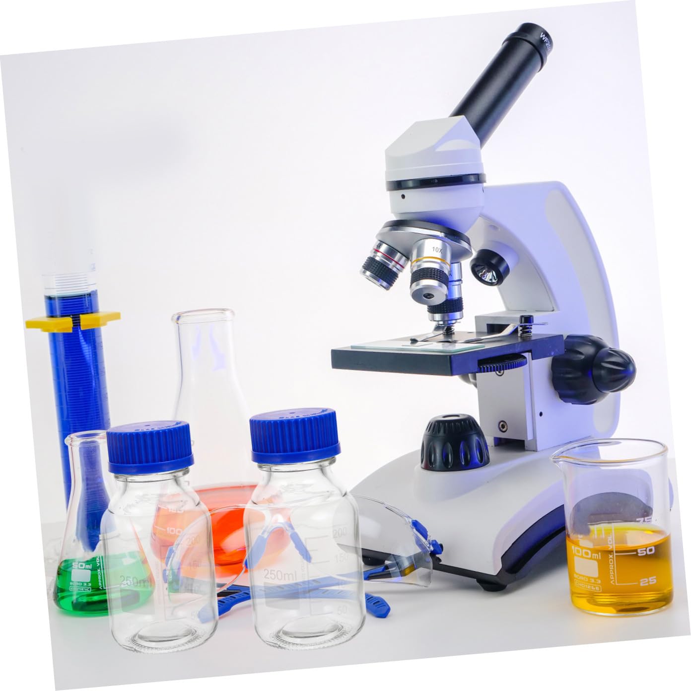 Set da 4 Bottiglie Reagenti in Vetro Blu da 250ml con Tappo a Vite, Leggere e Multiuso per Laboratori e Fabbriche