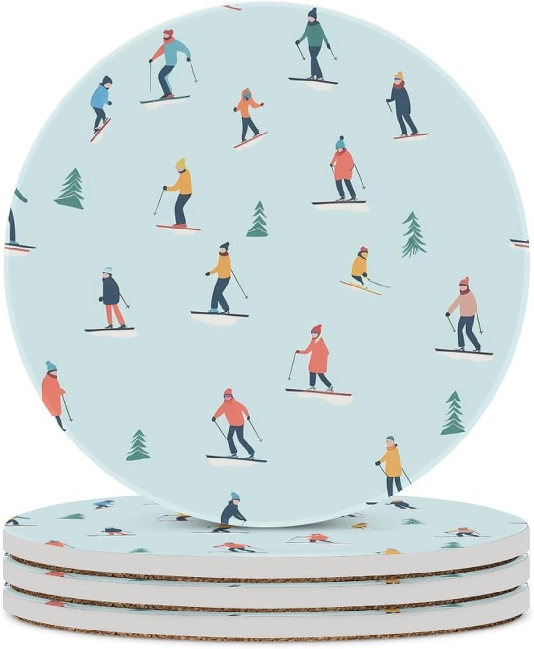 Winter Sports Skiing Round Ceramic Coasters for Drinks Absorbent Cup Holder Tabletop Protector with Cork Base