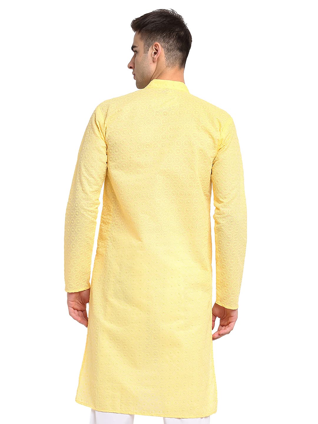 Jompers Men Yellow & White Self Design Kurta (Yellow, S)