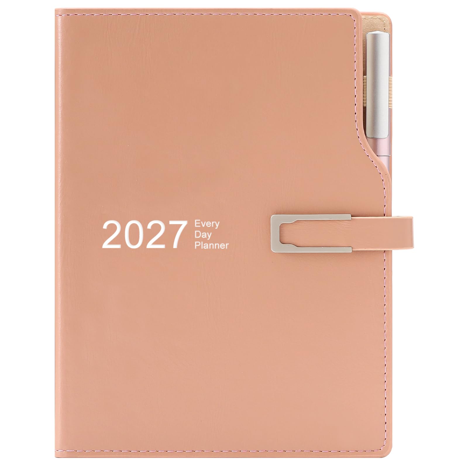Academic Diary 2027 A5 Day to Page,Schedule Organizer with Calendar Stickers, Agenda Diary Planner with Pen Holder and Pen,Premium Thicker Paper 14 X 21.5 cm (Pink)