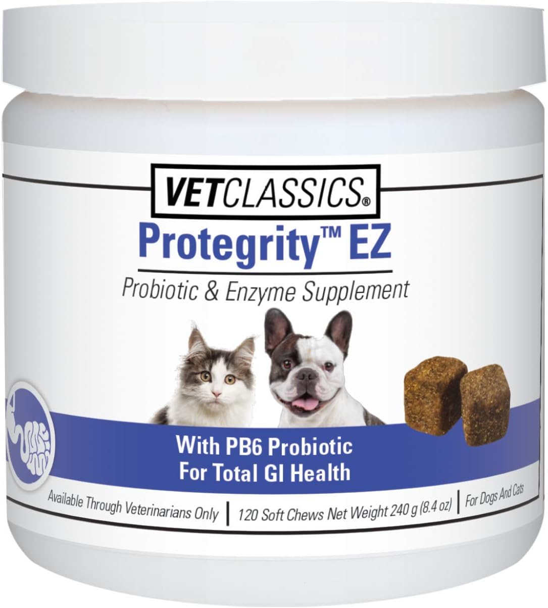 Protegrity EZ Probiotic Health Supplements for Dogs, Cats – Dog Digestive Support, Pet Gastrointestinal Health, Cat Stomach, Intestinal Balance – Pet Enzymes – 120 Soft Chews