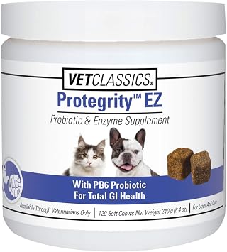 Vet Classics Protegrity EZ Probiotic Health Supplements for Dogs, Cats Dog Digestive Support, Pet Gastrointestinal Health, Cat Stomach, Intestinal Balance Pet Enzymes 120 Soft Chews