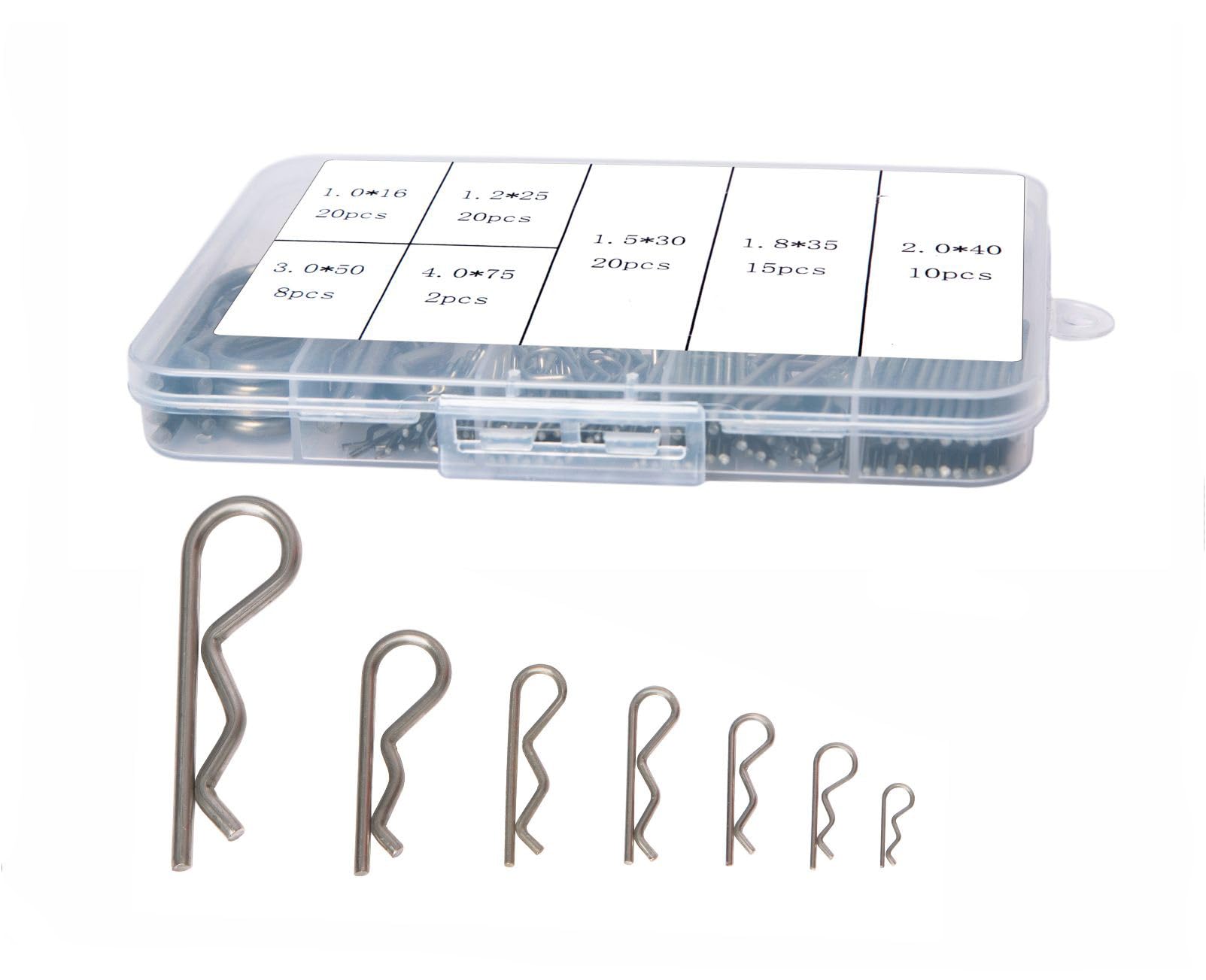 Mariyandh Cotter Pins Assortment Kit, 95PCS Hardware Pins in 7 Sizes (1.0-4.0), R Clips Heavy Duty Stainless Steel, Trailer Hitch, Spring Fastener for