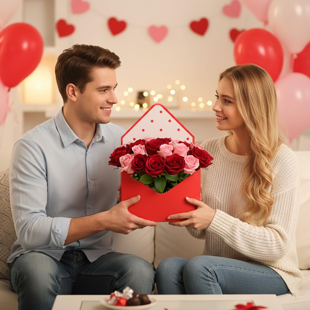 AnMTGDCT 4 PCS Mother's Day Flower Envelope Boxes, Florist Floral Envelope Gift Box Empty Flower Stripe Paper Bouquet Box or Mother's Day Wedding Birthday Valentine Party Arrangements, Pink Red