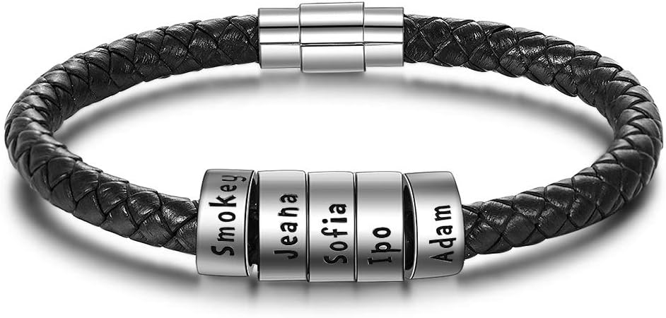 XiXiPersonalized Bracelet Leather Engraved Braided Rope Bracelet with 2 Names Customized Sterling Silver Black/Brown Bracelet for Men Boyfriend Father Husband