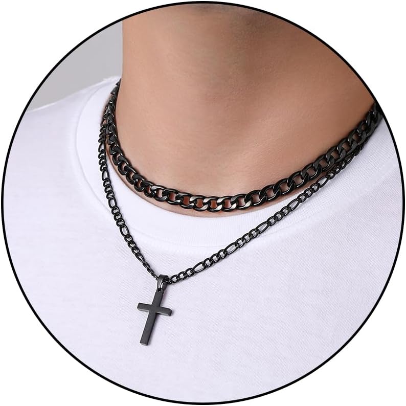 WEDDINEN Cross Necklace for Men Boys, Stainless Steel Layered Cross Pendant Cuban/Figaro Chains Christmas Jewelry Gifts
