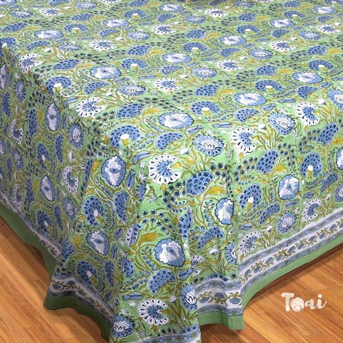 Image of TOAI Bedsheet for Double Bed King Size 108 inch x 108 inch |100% Pure Cotton 210TC | Hand Block Printed Jaipuri Bedsheet | 2 Reversible Pillow Covers 18 inchx27 inch |Blue Green Florals