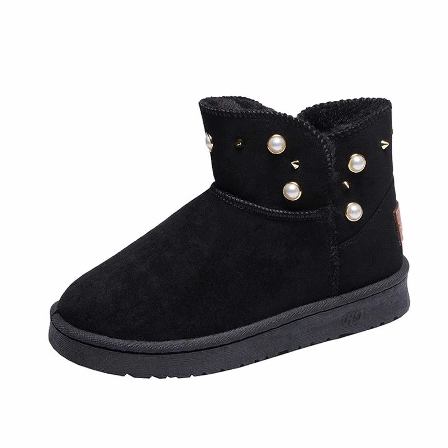 Womens Wide Width Winter Booties with Studded Decor - Easy Slip-On Design Flat Heel Comfort Roomy Toe Box