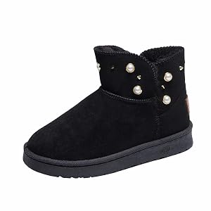 Womens Wide Width Winter Booties with Studded Decor - Easy Slip-On Design Flat Heel Comfort Roomy Toe Box