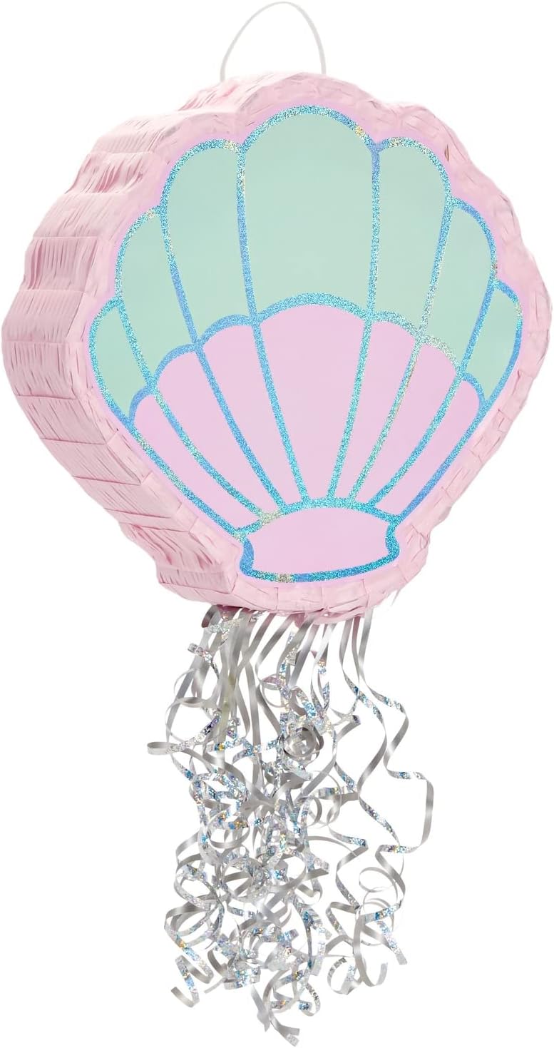 Blue PandaSmall Seashell Pull String Pinata for Mermaid Birthday Decorations, (14 x 13 x 3 In)