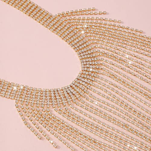 Aomcisi Fashion Women Sexy Rhinestone Bib Choker Necklace Tassel Long Chain Necklace (Gold) #TOP4