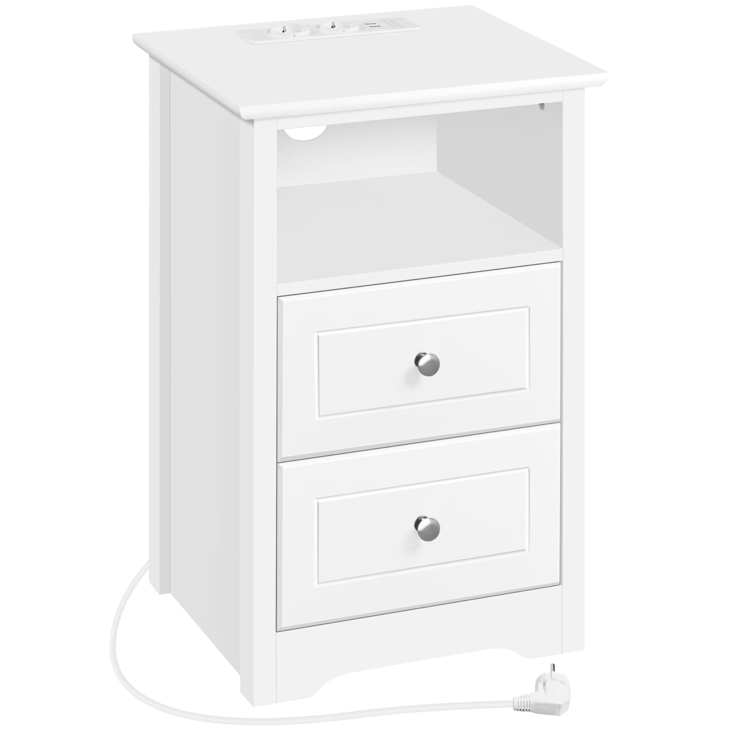 Yaheetech Nachttisch mit Steckdoese und USB-Aschlüssen Beistelltisch Holz 2 Schubladen Nachtschrank Boxspringbett Nachtkommode mit 1 offenes Fach Sofatisch für Wohnzimmer Schlafzimmer, Weiß
