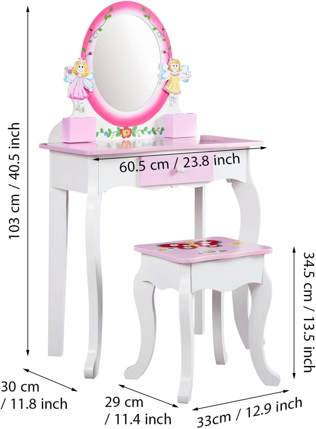 Kids Vanity Set, Floral Printed Wooden Kids Dressing Table with Mirror and Stool for Role Playing Pink