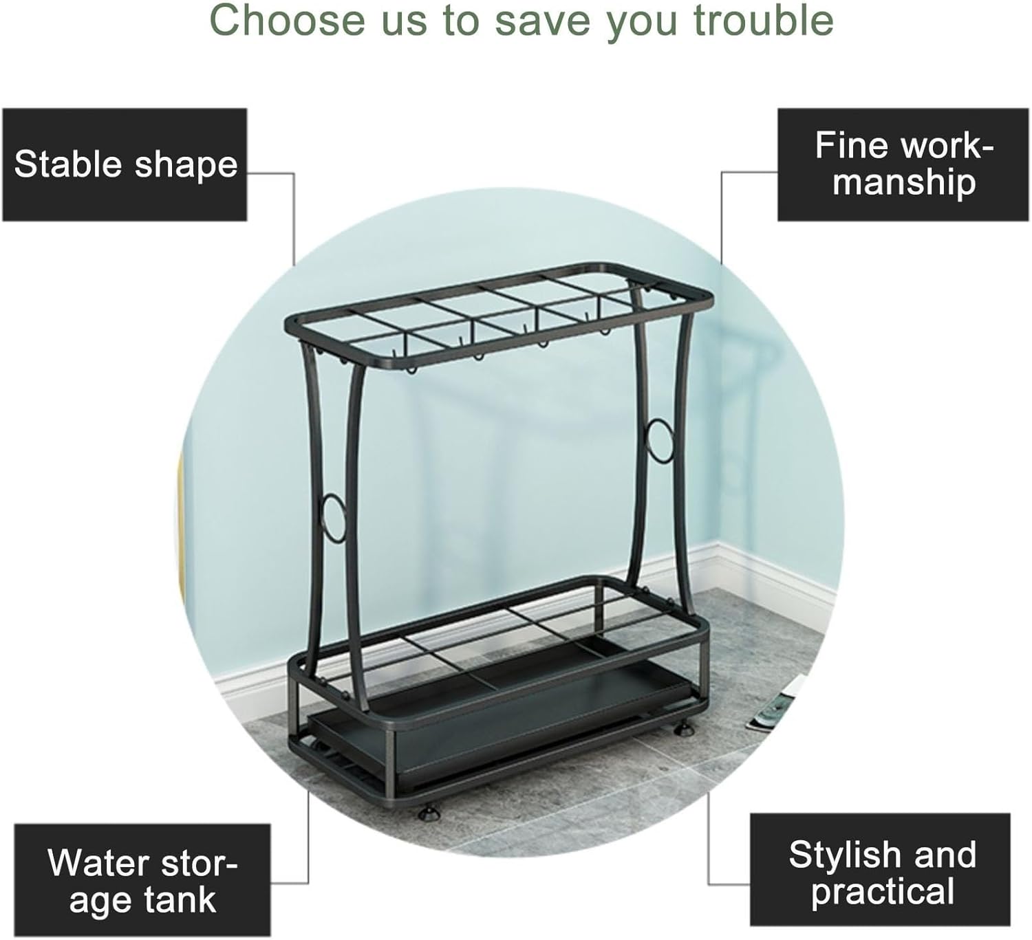 10-Slot Metal Umbrella Stand with 8 Hooks and Removable Drip Tray – Indoor Outdoor Holder for Entryway, Office