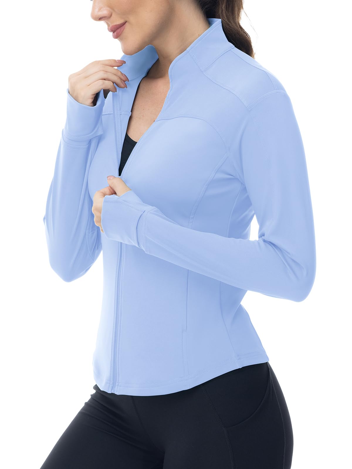 YSENTO Chaqueta deportiva para mujer, chaqueta funcional, chaqueta de senderismo, ligera, manga larga, yoga, gimnasio, deporte, parte superior, transpirable, con orificio para el pulgar