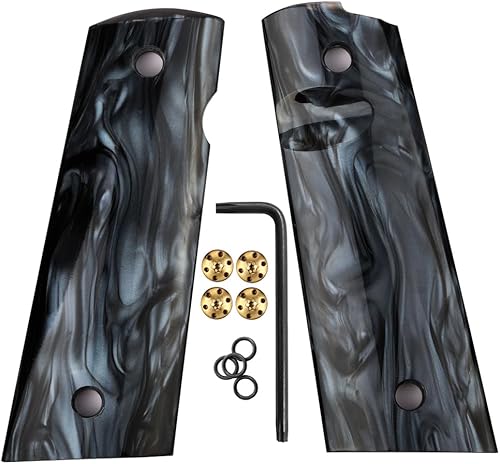 Miniatura 2 de Cool Hand 1911 Magwell Grips, Comandante de gobierno de tamaño completo, perla sintética de alto pulido, negro y blanco, tornillos dorados