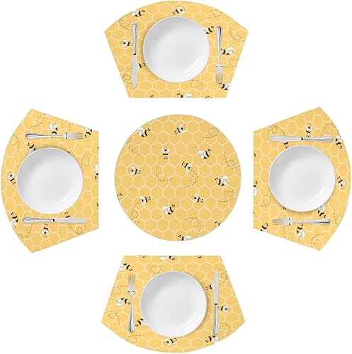 Juego de 5 manteles individuales de mármol gris dorado para mesa redonda, manteles individuales abstractos en forma de cuña con centro de mesa,