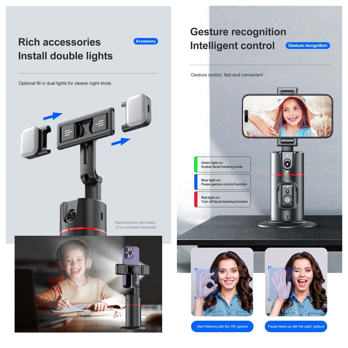 Treppiede per monitoraggio automatico del viso, supporto per telefono intelligente, rotazione a 360°, supporto per fotocamera del telefono con controllo gestuale con treppiede per streaming live,