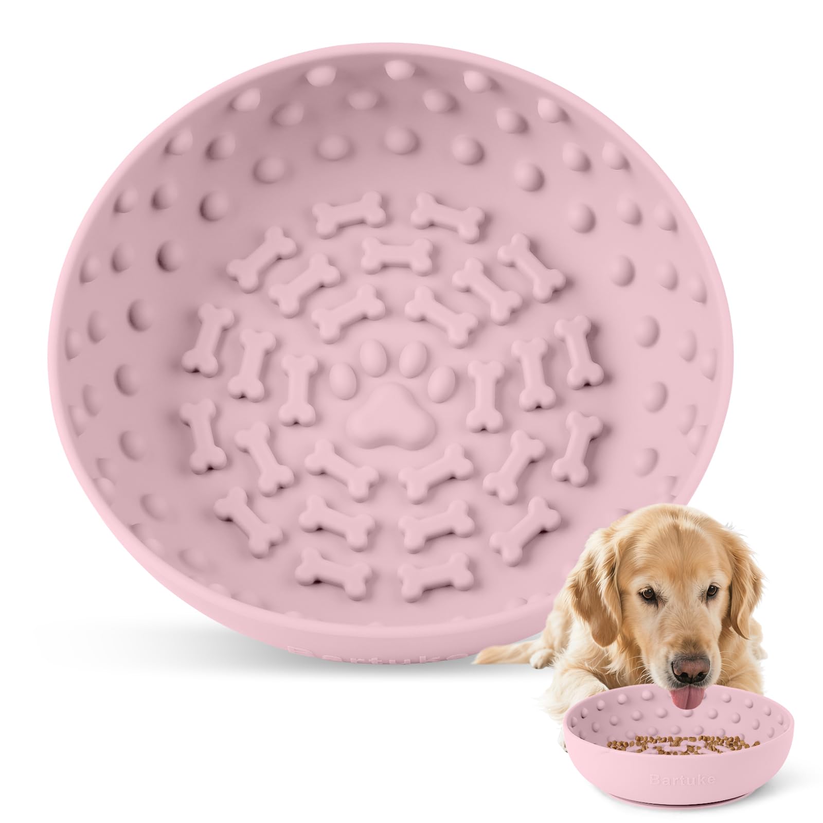 Bartuke Silicone Slow Feeder Raised Dog Bowl, Large Dog Licking Feeding Bowl with Non-Slip Suction Cups for Large Breed Anxiety Relief, Anti Choking, BPA Free Silicone, Dishwasher Safe (Pink)
