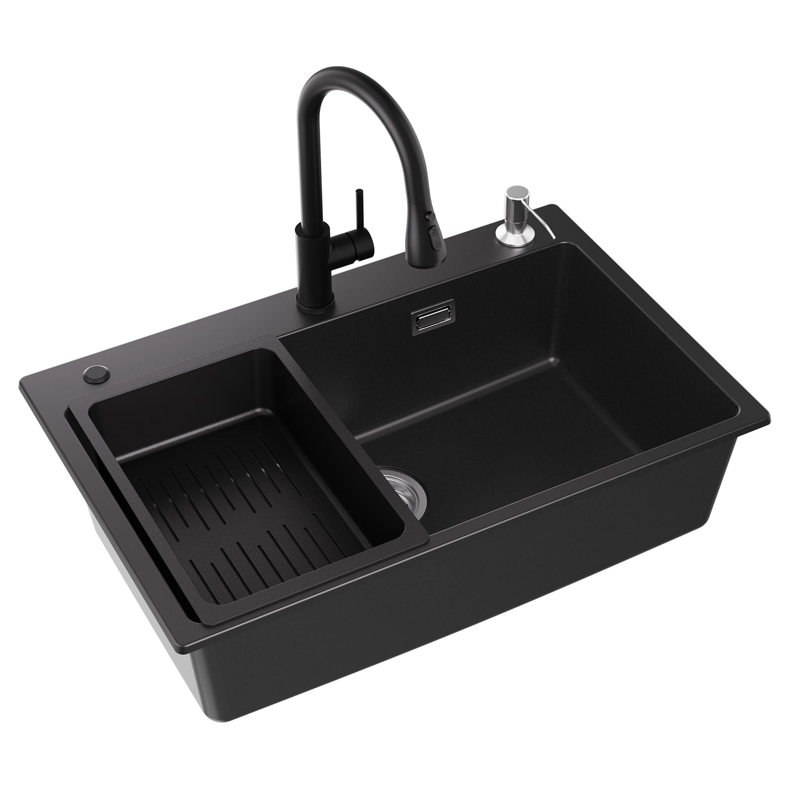 CECIPA Évier de cuisine noir 70 x 45 x 20 cm avec robinet extensible et distributeur de savon, évier en granit avec garniture d'écoulement et de trop-plein, 1 bac encastrable à partir de 80 cm de