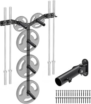 Wall Mounted Weight Plate Rack, Heavy Duty Olympic Barbell Holder & T Bar Row Landmine Attachment, 5 Pegs & 4 Barbell Storage, Space-Saving Home Gym Organizer
