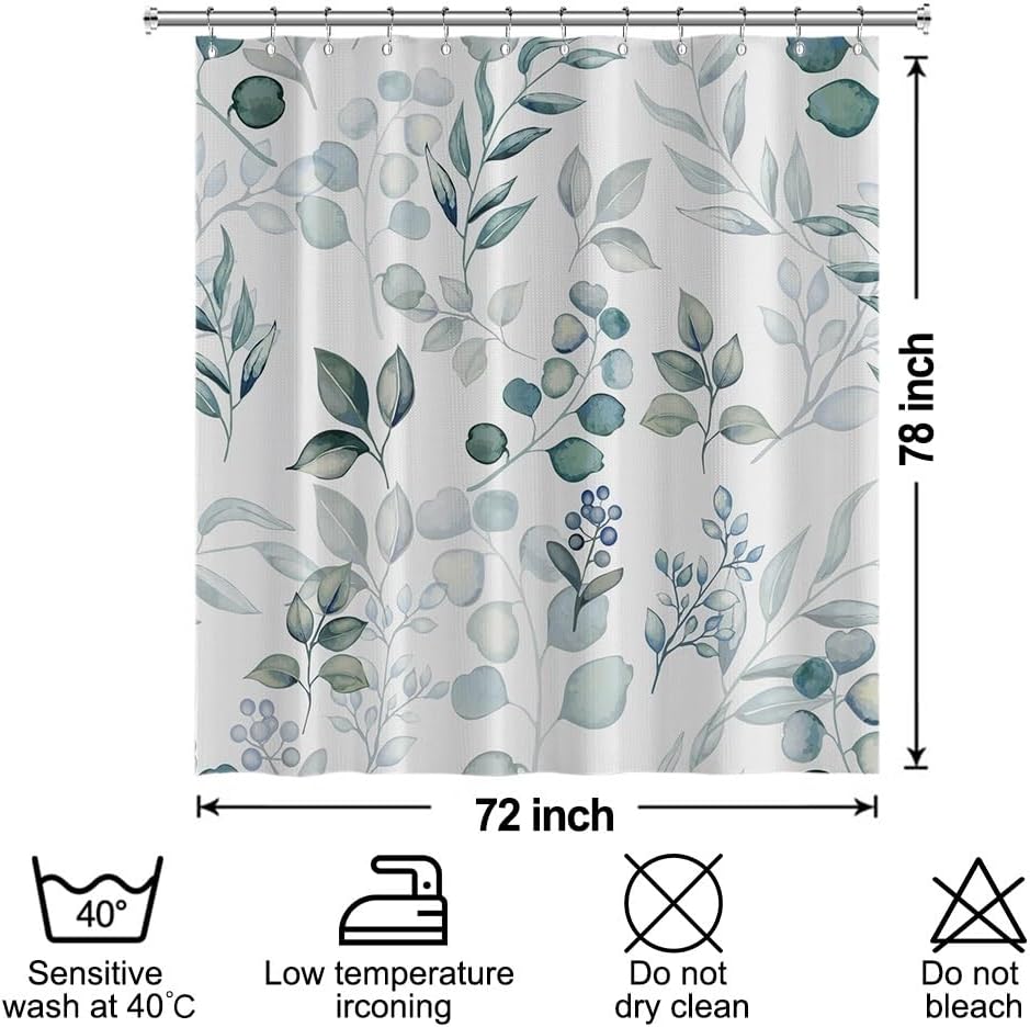 Leaves Shower Curtain, Blue Green Waffle Shower Curtains 72x78inches Watercolor Eucalyptus Leaves Waterproof Fabric Shower Curtain Set with Hooks