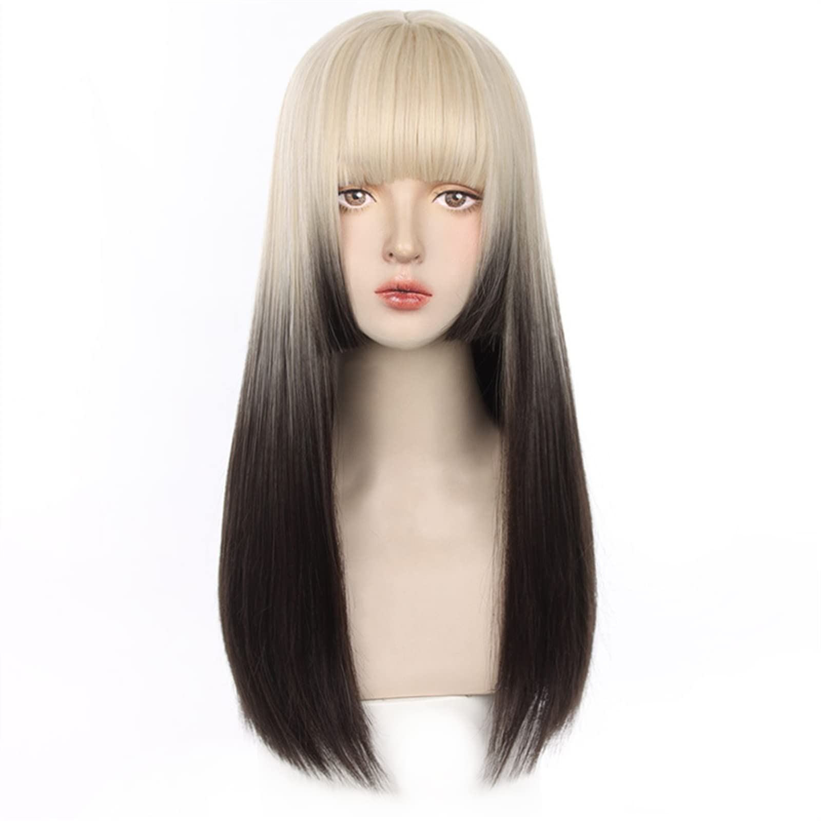 Perücke Perücke mit langem glattem Haar und Pony, blonder Farbverlauf, schwarz, grau, gerade Perücke, natürliche, hitzebeständige, synthetische Partykostüm-Cosplay-Perücke for Frauen Damen Perücken