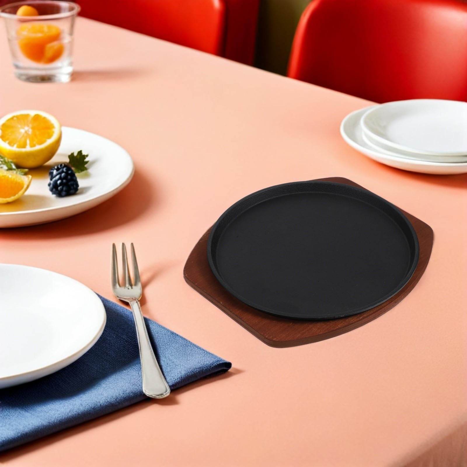 ULTECHNOVO Plaque de Cuisson en Fonte pour Barbecue Extérieur, Poêle à Steak 27cm avec Base en Bois, Résiste aux Hautes Températures, pour Restaurant et Rassemblements