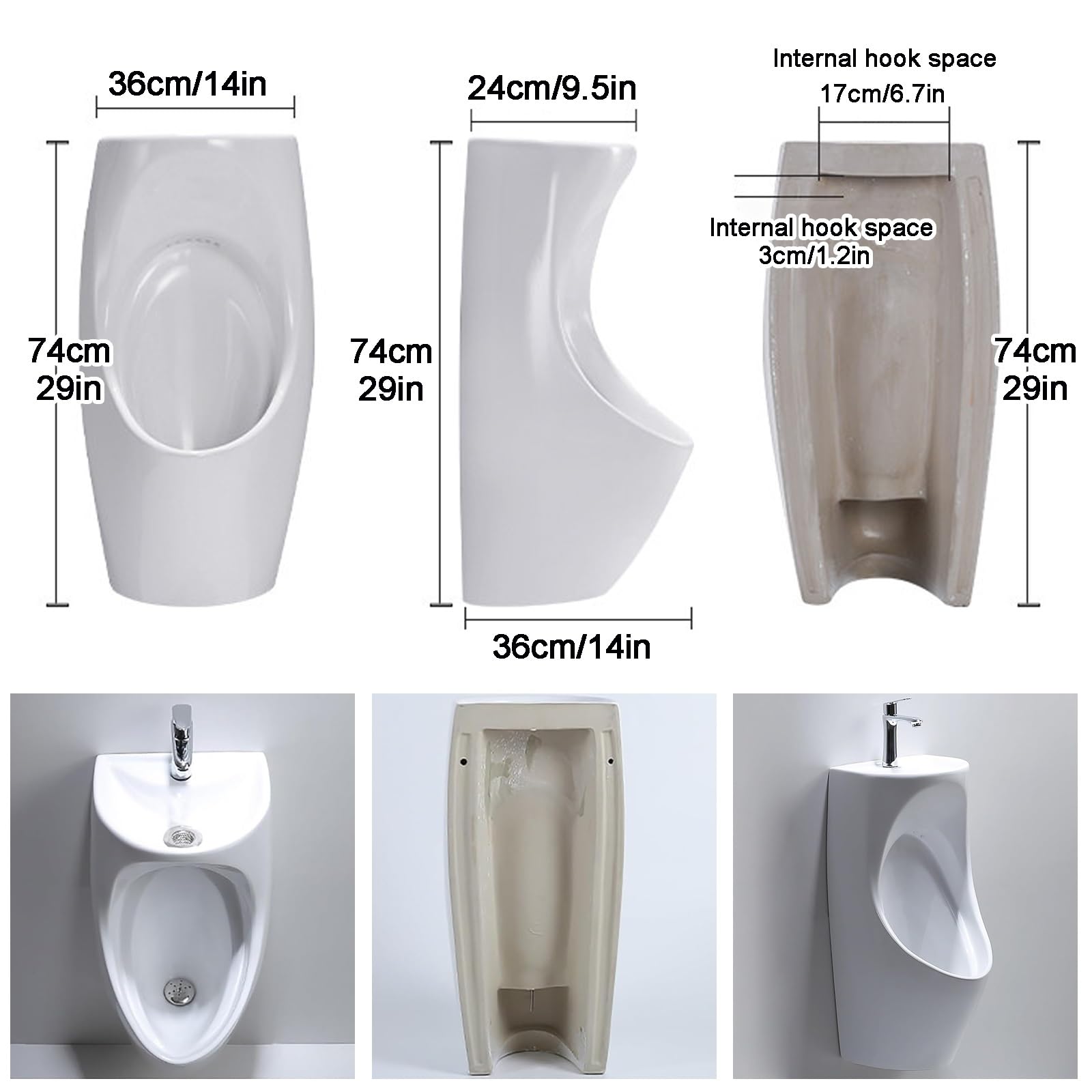 Urinario Cerámico de Pared con Lavabo Integrado, Ahorro de Agua, Descarga Completa, Fácil de Limpiar, 74×36×36 cm, Para Baño