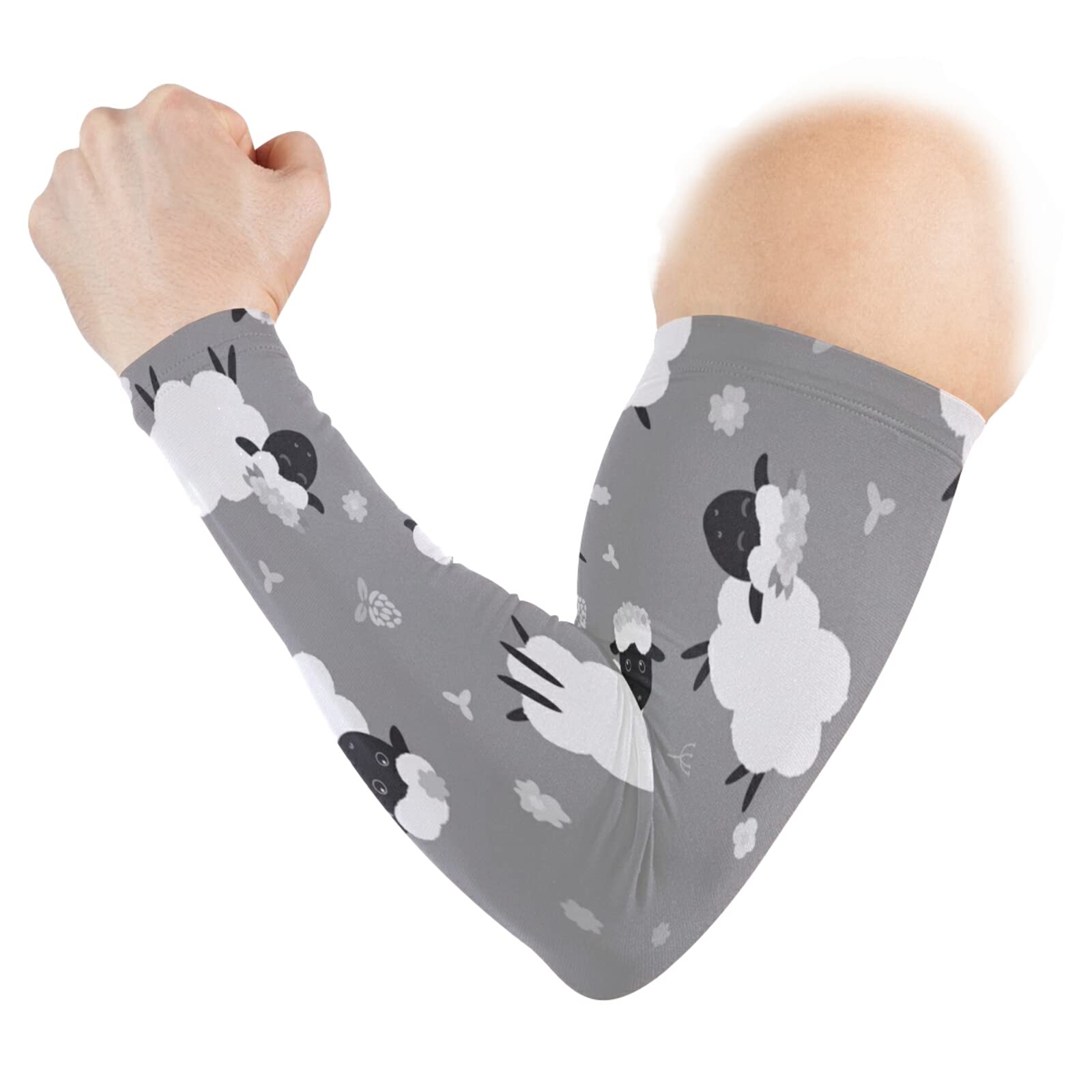 Black White Sheep Lambs Wild Flowers on a Dark Gray Background 1 Pair Cooling Sports Arm Sleeves, Cover Uv Sun Protection Warmer for Sports Men Women Running Golf Cycling Riding Jogging