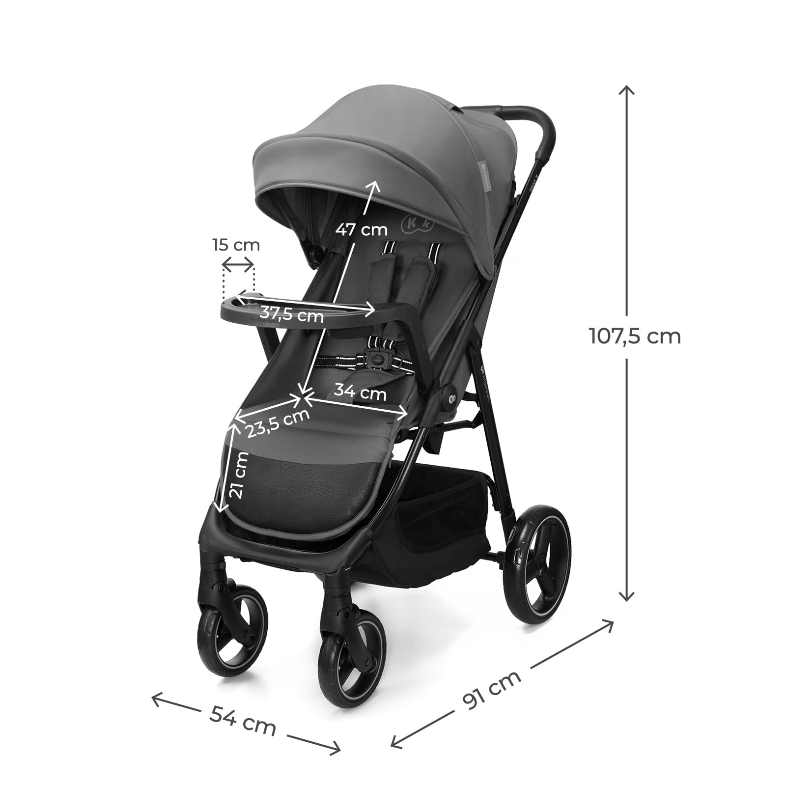 Kinderkraft TRIG 3 con vassoio, Passeggino 22 kg, CLICK & FOLD, Grigio