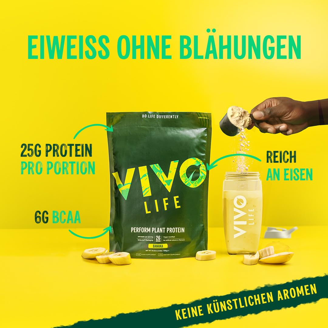 Vivo Life Perform Pflanzliches Proteinpulver | 25 g Protein mit BCAAs, Eisen, Zink, Kurkuma & pflanzlichem Enzymkomplex | Laktosefrei & leicht verdaulich | Gesalzenes Karamell – 26 Portionen